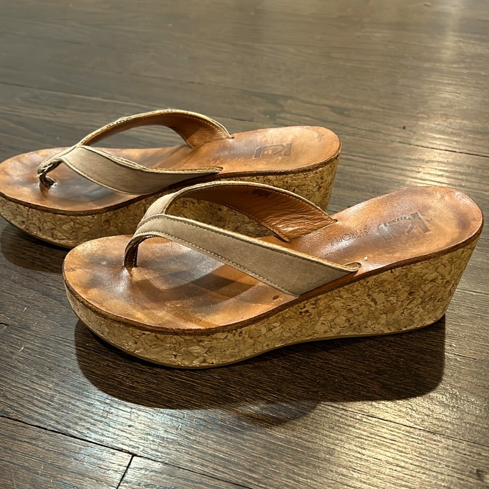 K Jacques EUR 37 US 6.5 Thong Platform Wedge St Tropez Sandal Shoe Tan